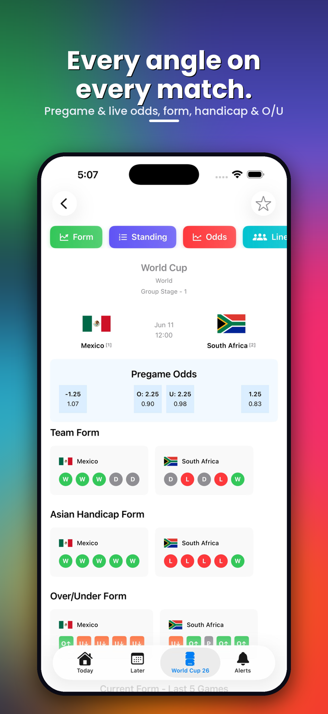 Halftimes match detail screen showing pregame odds, team form, Asian handicap form, and over/under form.