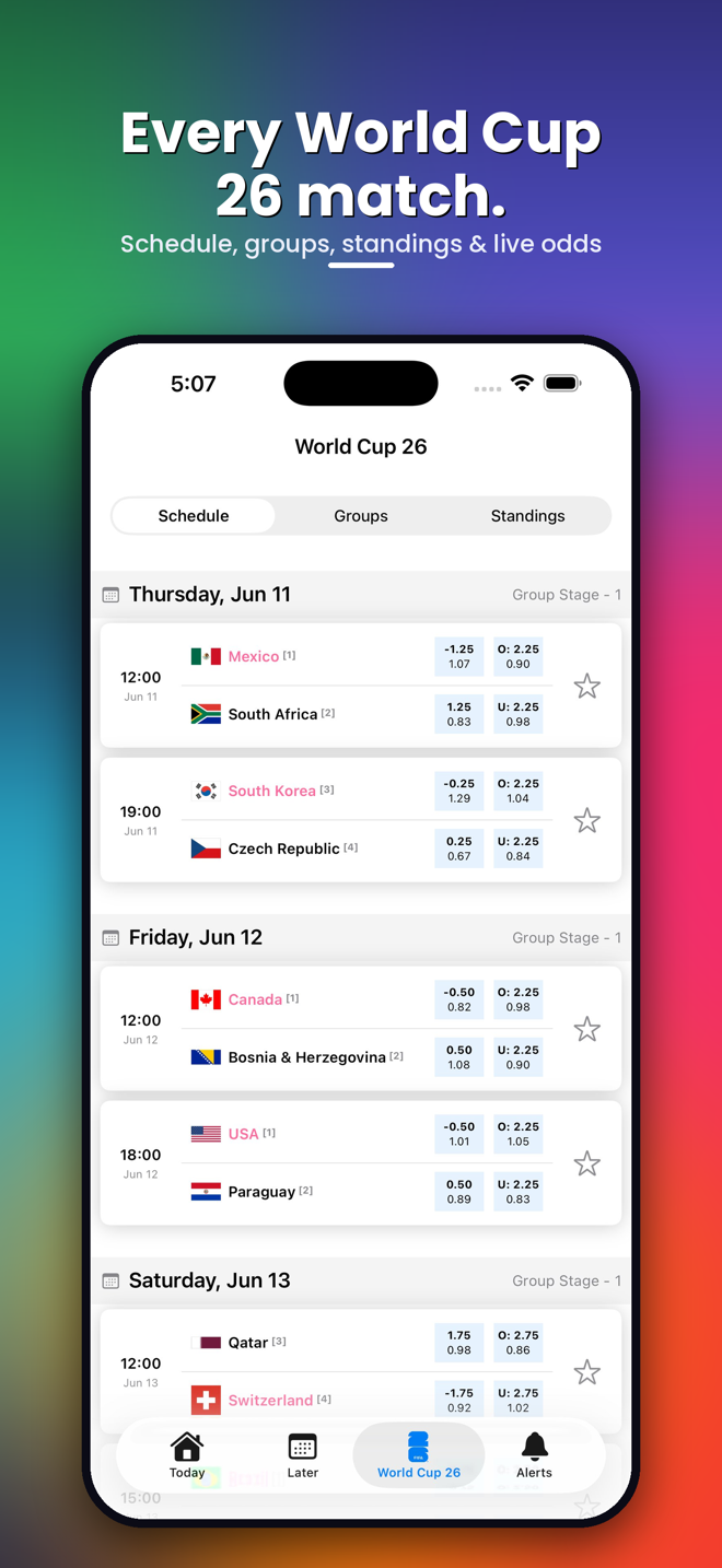 Halftimes World Cup 26 screen showing the match schedule with live odds, groups, and standings.